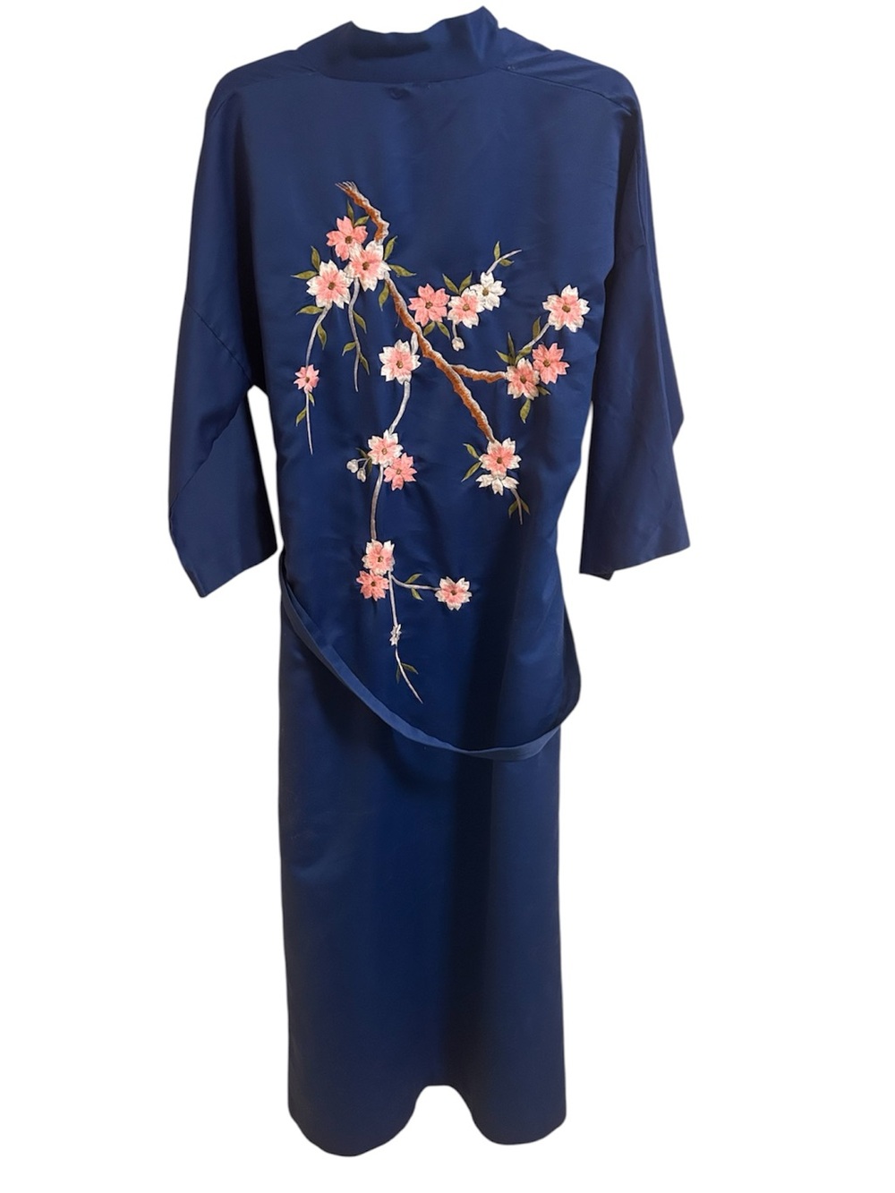 Vintage Astor One Floral Embroidered Kimono Robe Blue Made In Japan Pockets